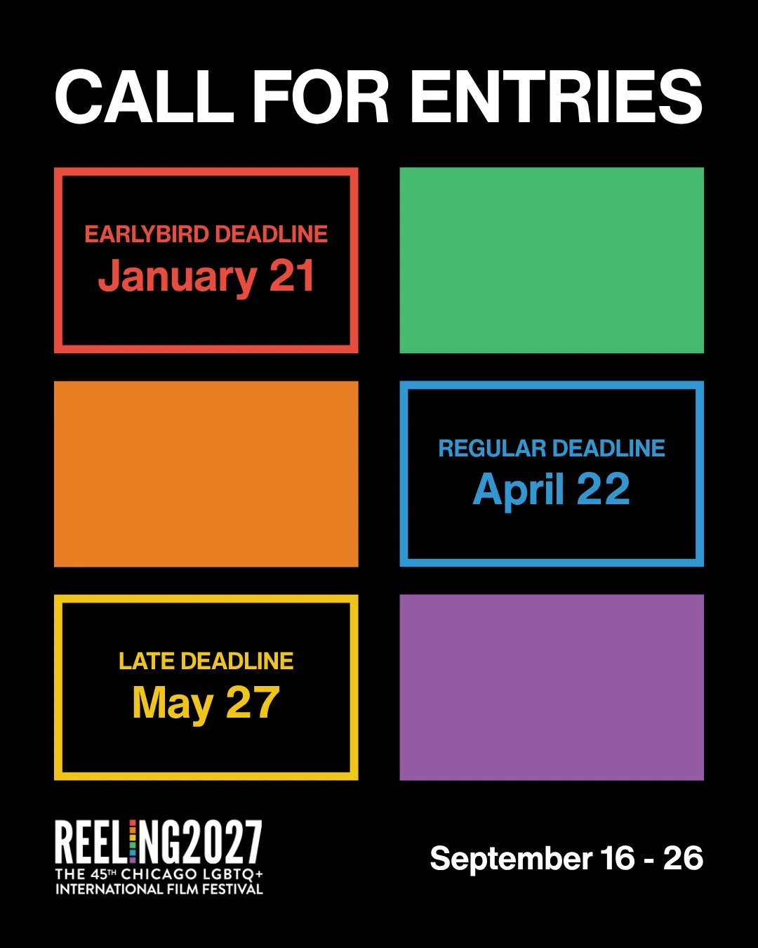 We are now accepting submissions for Reeling45! 🏳️&zwj;🌈📽️⁠
⁠
Send us your work to be considered for our 2027 festival. Queer films of any length or genre will be considered. ⁠
⁠
Earlybird Deadline: January 21⁠
Regular Deadline: April 22⁠
Late Dea