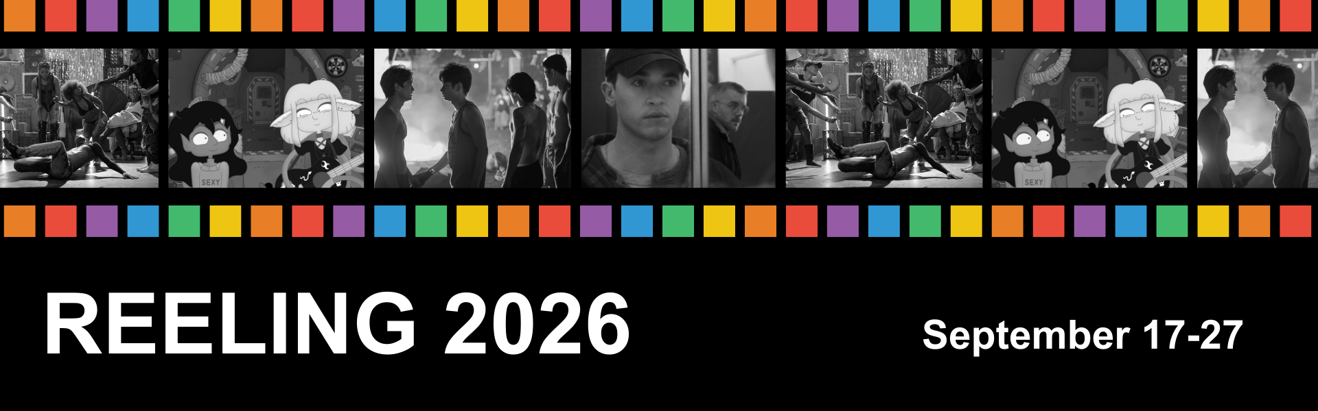 A film strip with colorful blocks and black and white stills from films for Reeling 2026: September 17-27