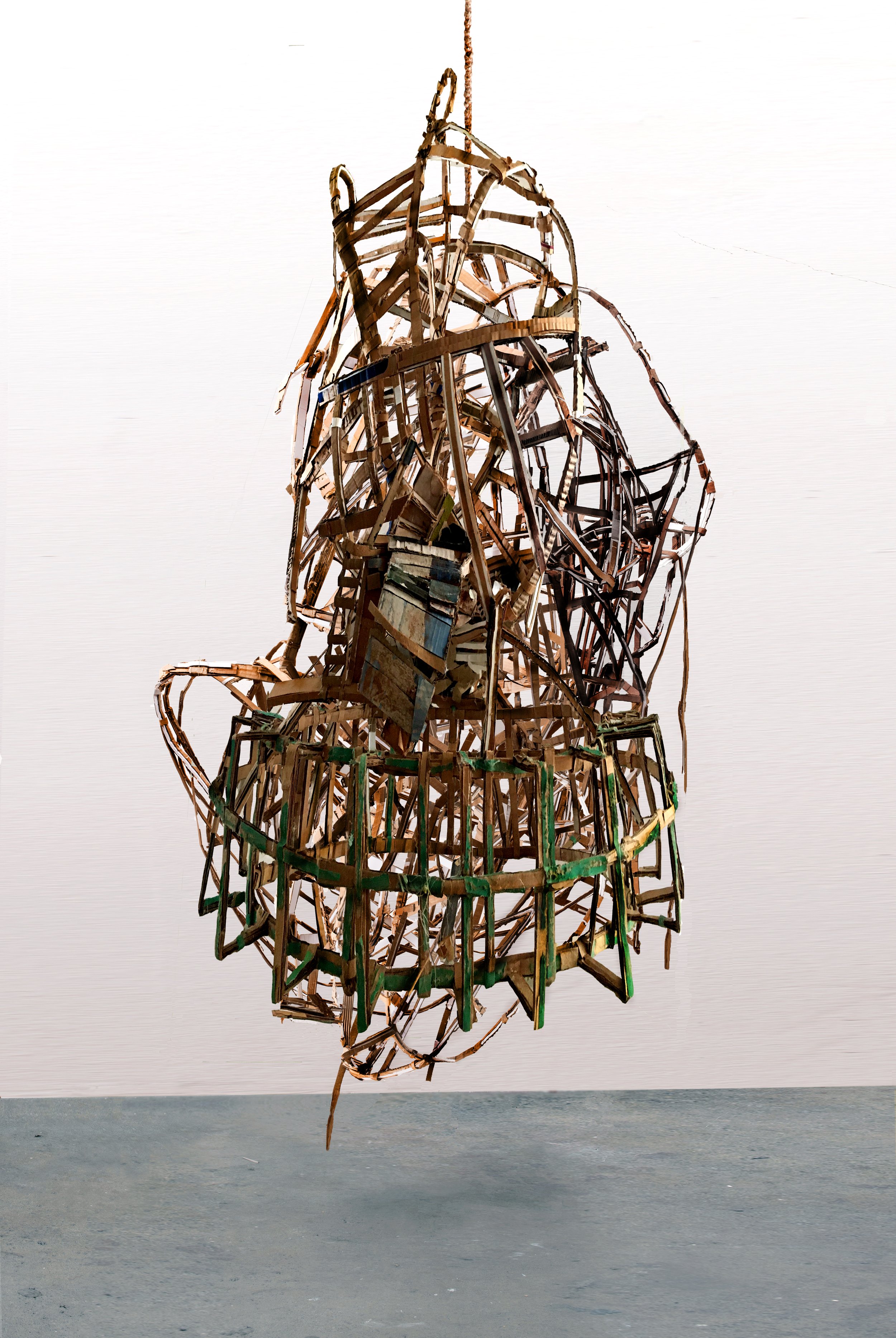   Treehouse I , 2021  83” h x 35” w x 32” d    paint, chalk, raffia, museum board, cardboard    