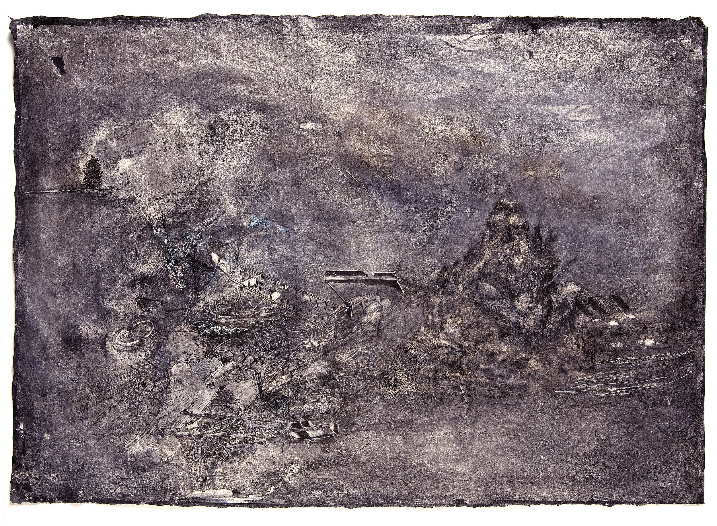   Transelsewhere , 2012  Ink, pencil, gouache, silver alloy, paper  25” h x  35” w      