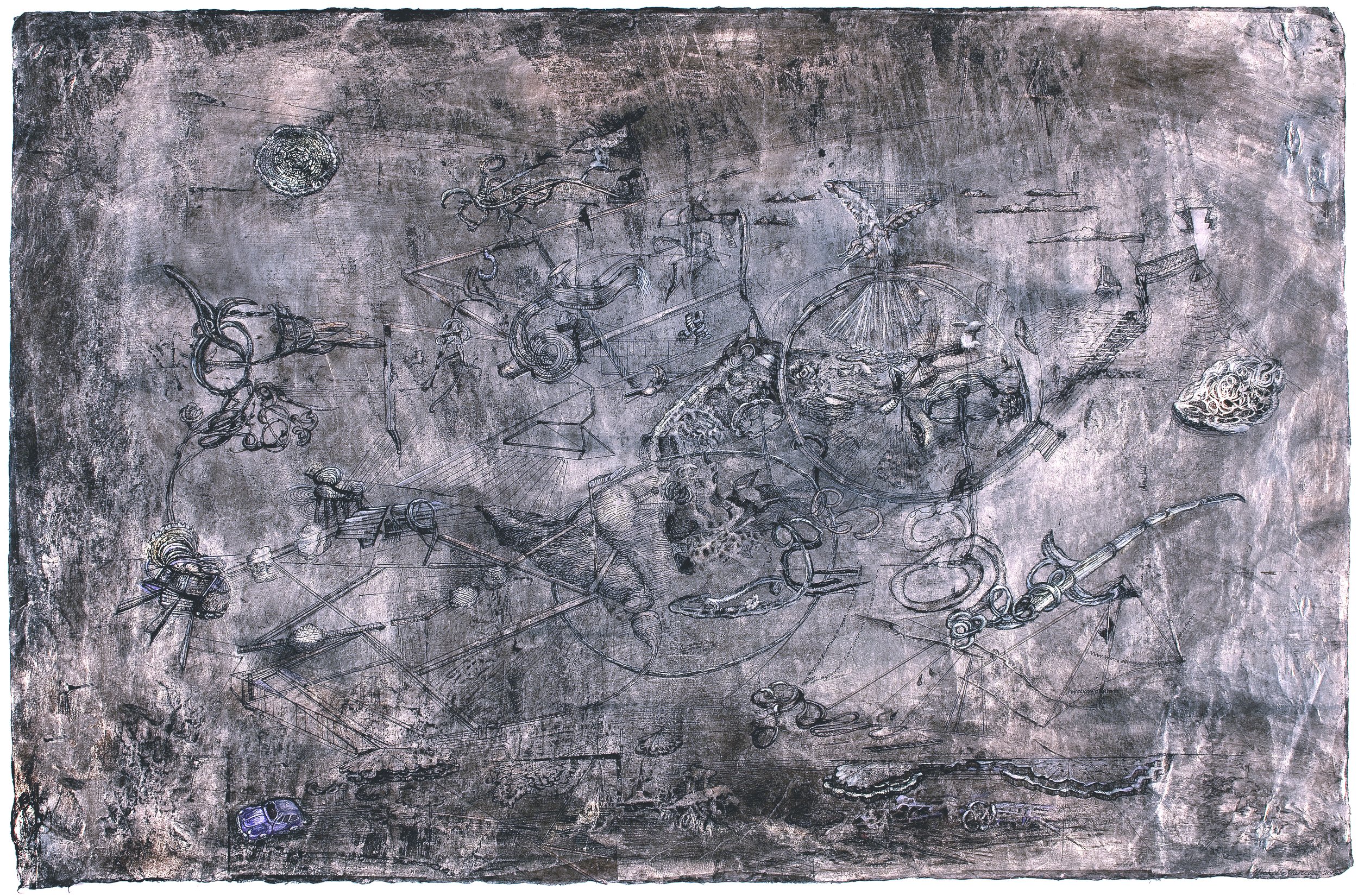   Travel Manifest , 2012     Ink, pencil, gouache, silver leaf alloy, paper  25” h x 37” w      