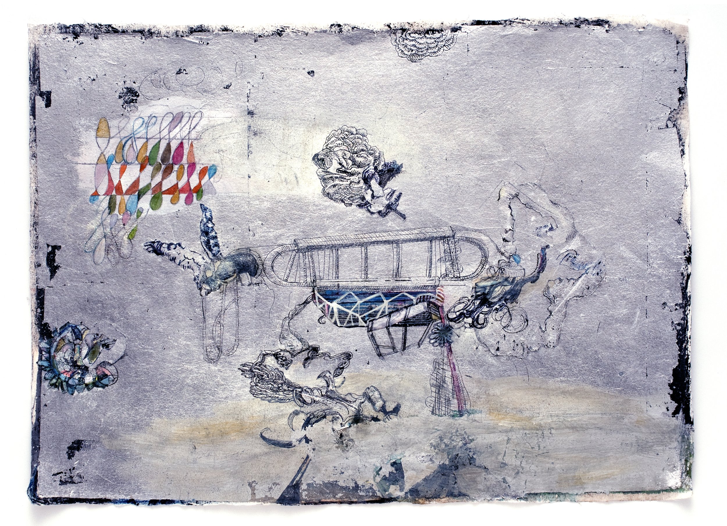   And Rare Things To Be Thankful , 2013   Ink, pencil, gouache on silver leaf alloy on paper   12.25 ”h x 16.75 ”w     