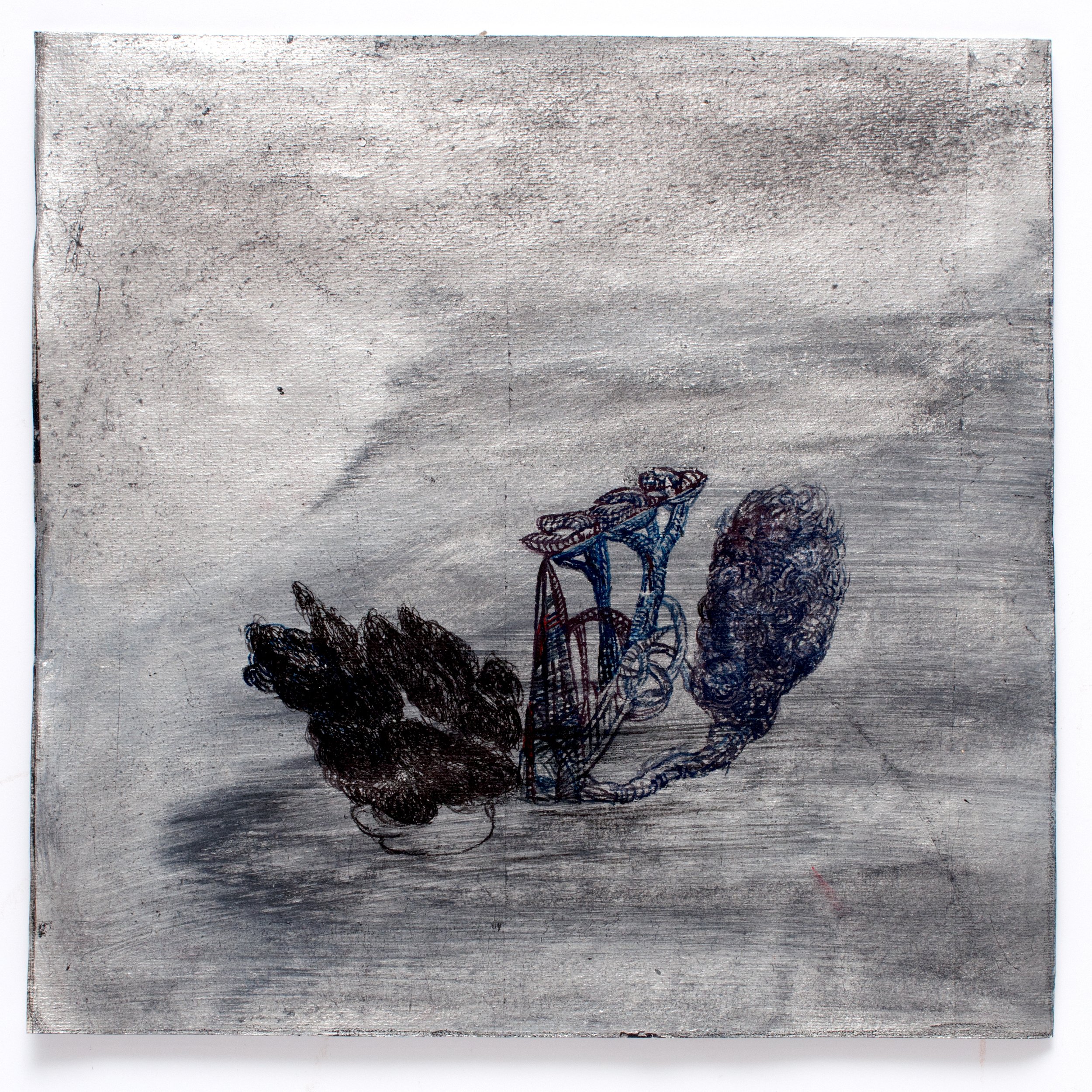   Everything is Still , 2014    Ink on silver leaf alloy on paper   12” x 12”       