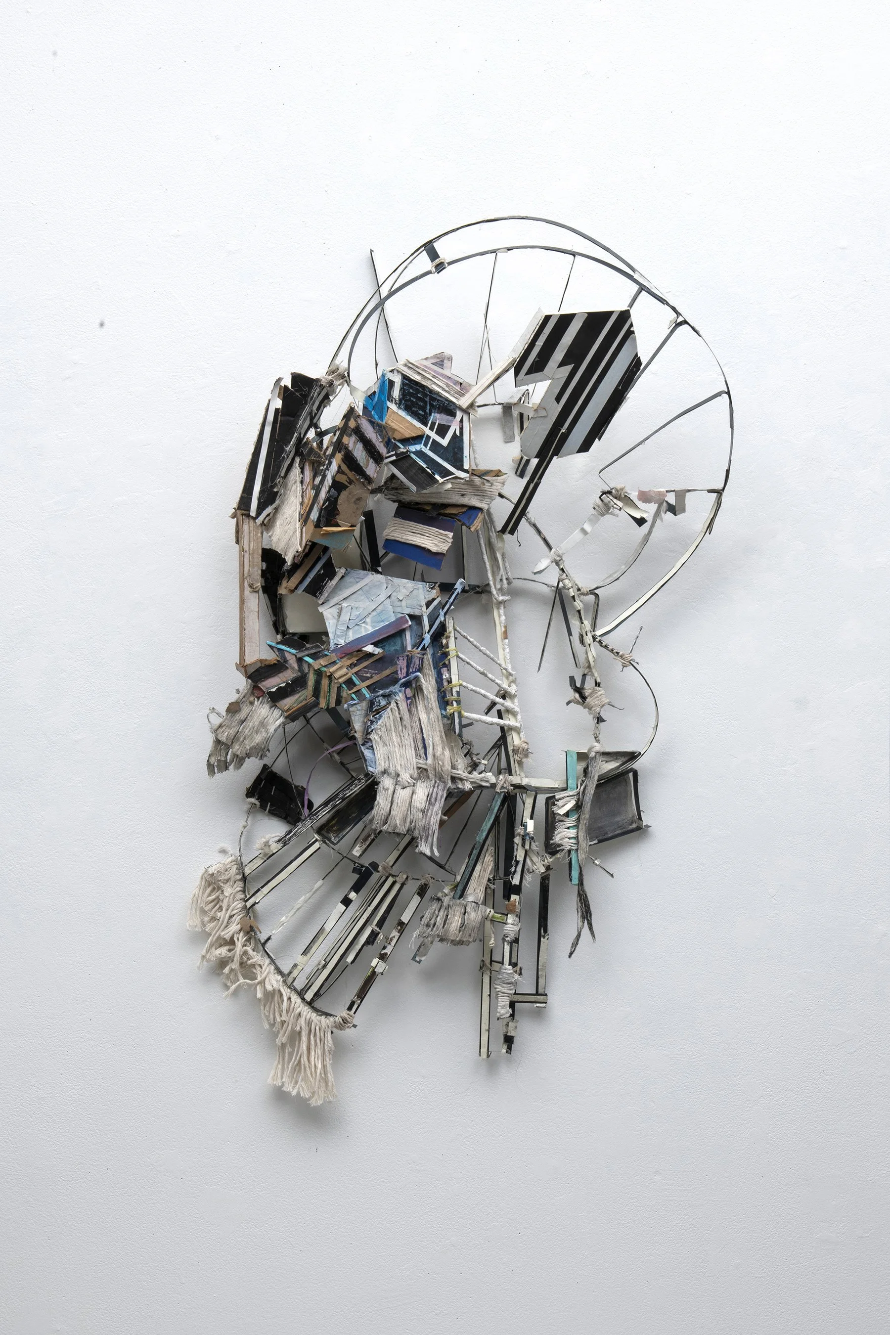  Disassembly Point , 2025&nbsp; steel strapping, poster board, string, chalks, cardboard 45” h x 27” w x 6” d&nbsp; 