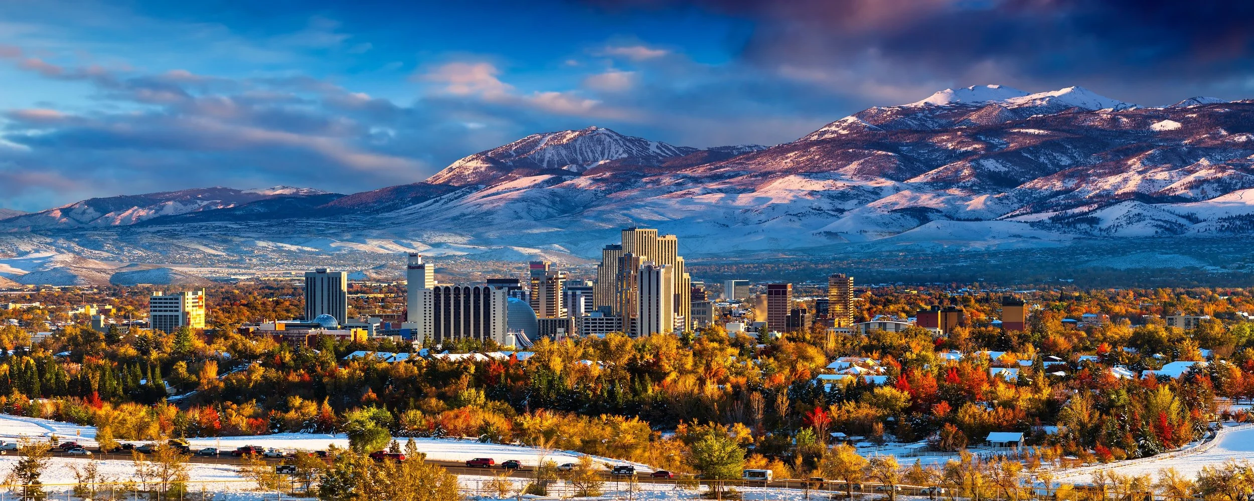 Skyline view of Reno, Nevada with the Sierra Mountains in the background
