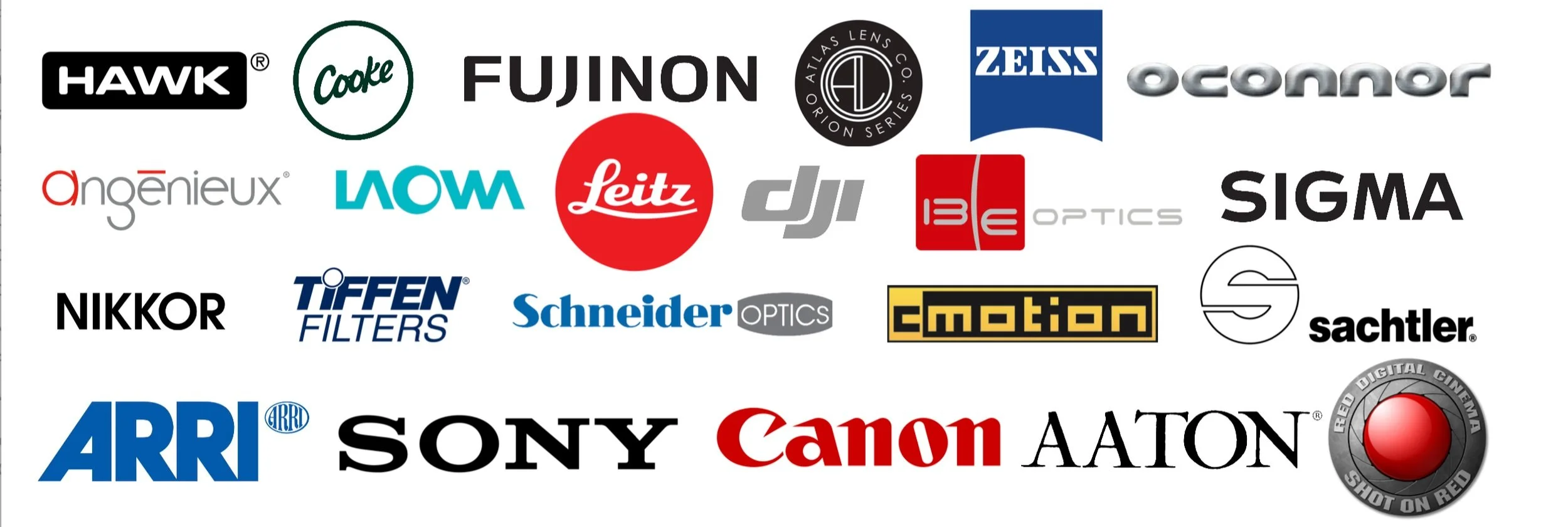 A collage of various camera and optics brand logos on a white background, including Hawk, Cooke, Fujinon, Atlas, Zeiss, OConnor, Angénieux, Laowa, Leitz, DJI, BE Optics, Sigma, Nikkor, Tiffen, Schneider, Cmotion, Sachtler, ARRI, Sony, Canon, Aaton, a
