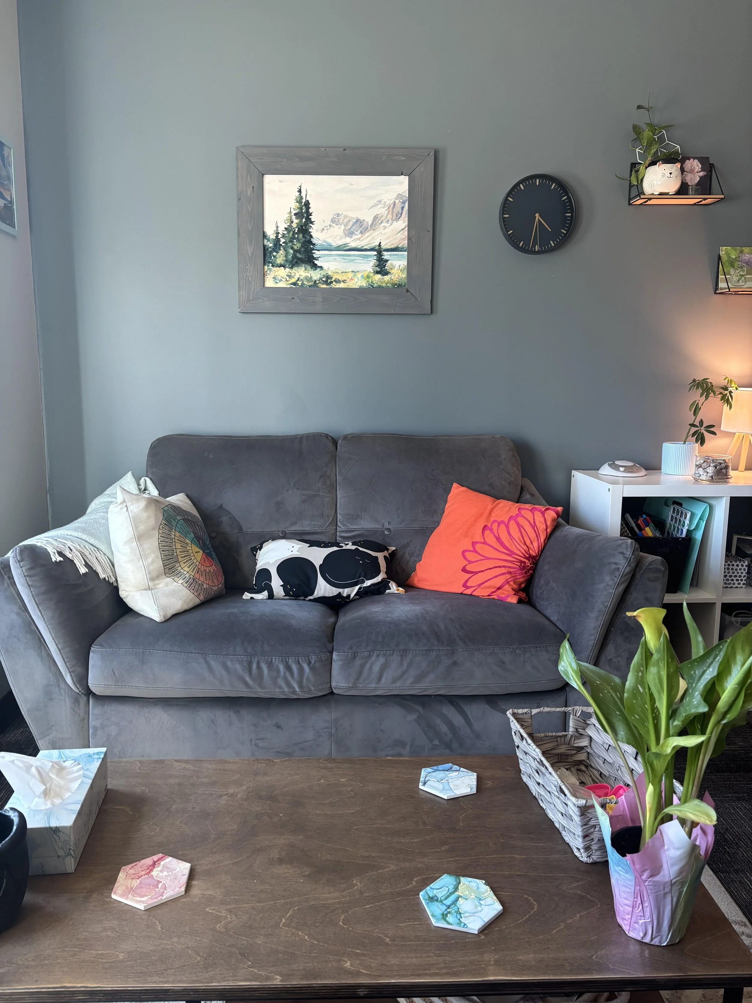 Living room with a gray couch, colorful pillows, a table with decorative coasters, a plant, a gift box, a tissue box, and artwork on the wall. The wall has a landscape painting, a clock, and wall shelves with a plant and decorative items.