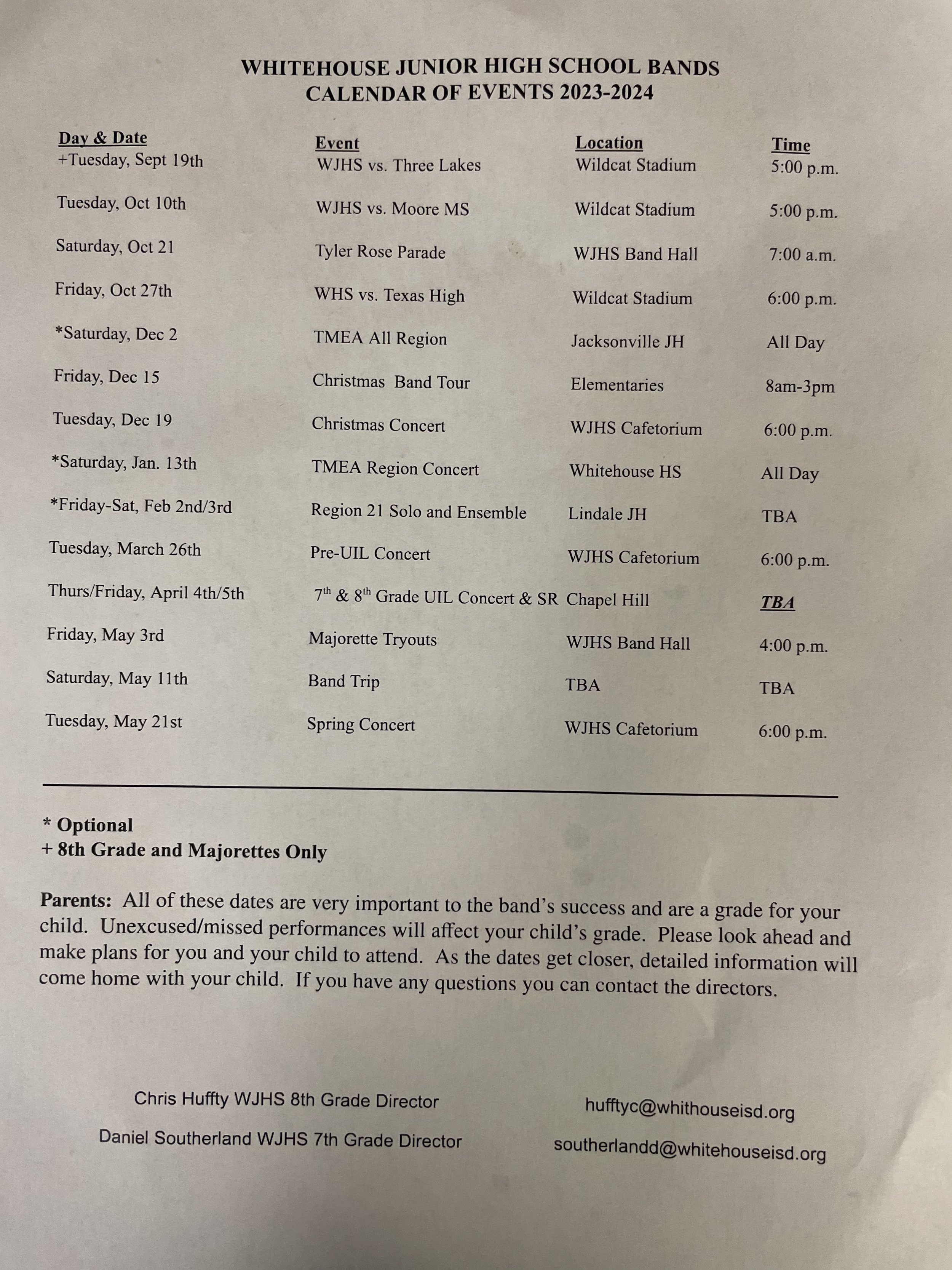 Junior High School Calendar Whitehouse Band Boosters Junior High School Calendar Whitehouse Band Boosters