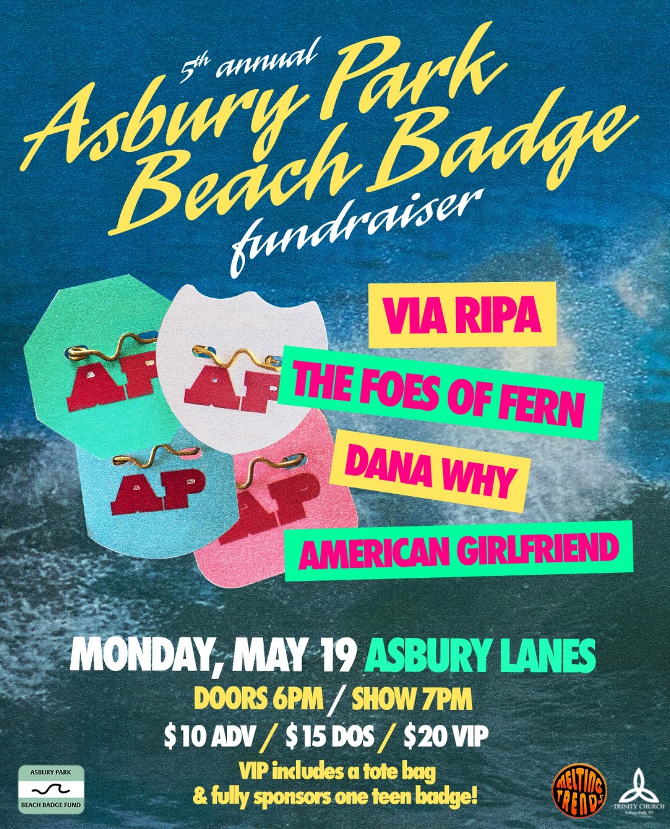 Mark your calendars 🗓️ The AP Beach Badge Fund benefit is back this year with a stacked line up of locals at @asburylanes on Monday, May 19, 6pm-10pm 🏖️ we'll also be raffling off a couple baskets of goodies from local establishments -- any busines