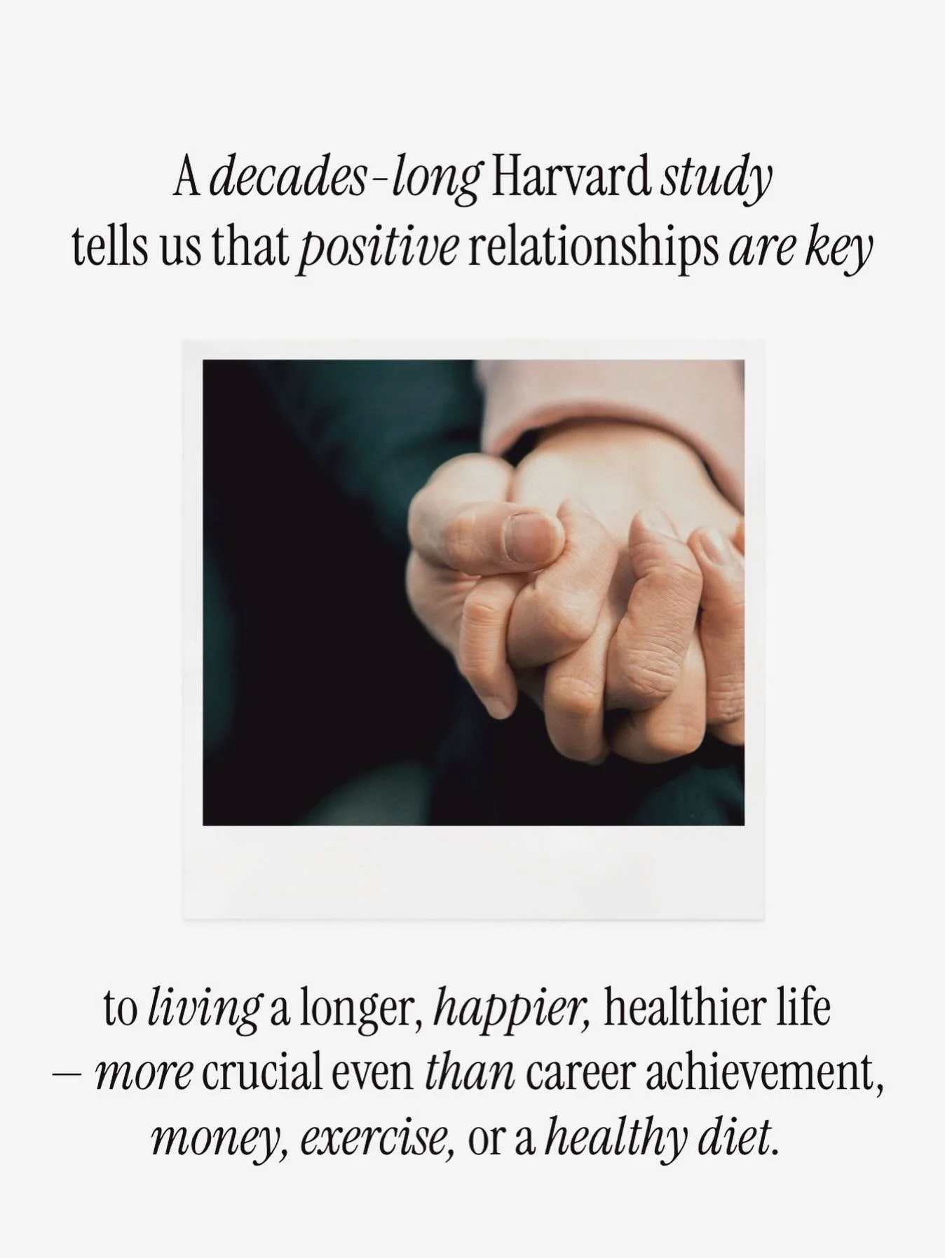 Harvard Study of Adult Development
https://www.robertwaldinger.com/harvard-study #lifestylemedicine #communityasmedicine #followyourheart #elementalmed #elementalmedclinic #lifestylefactors #socialdeterminantsofhealth