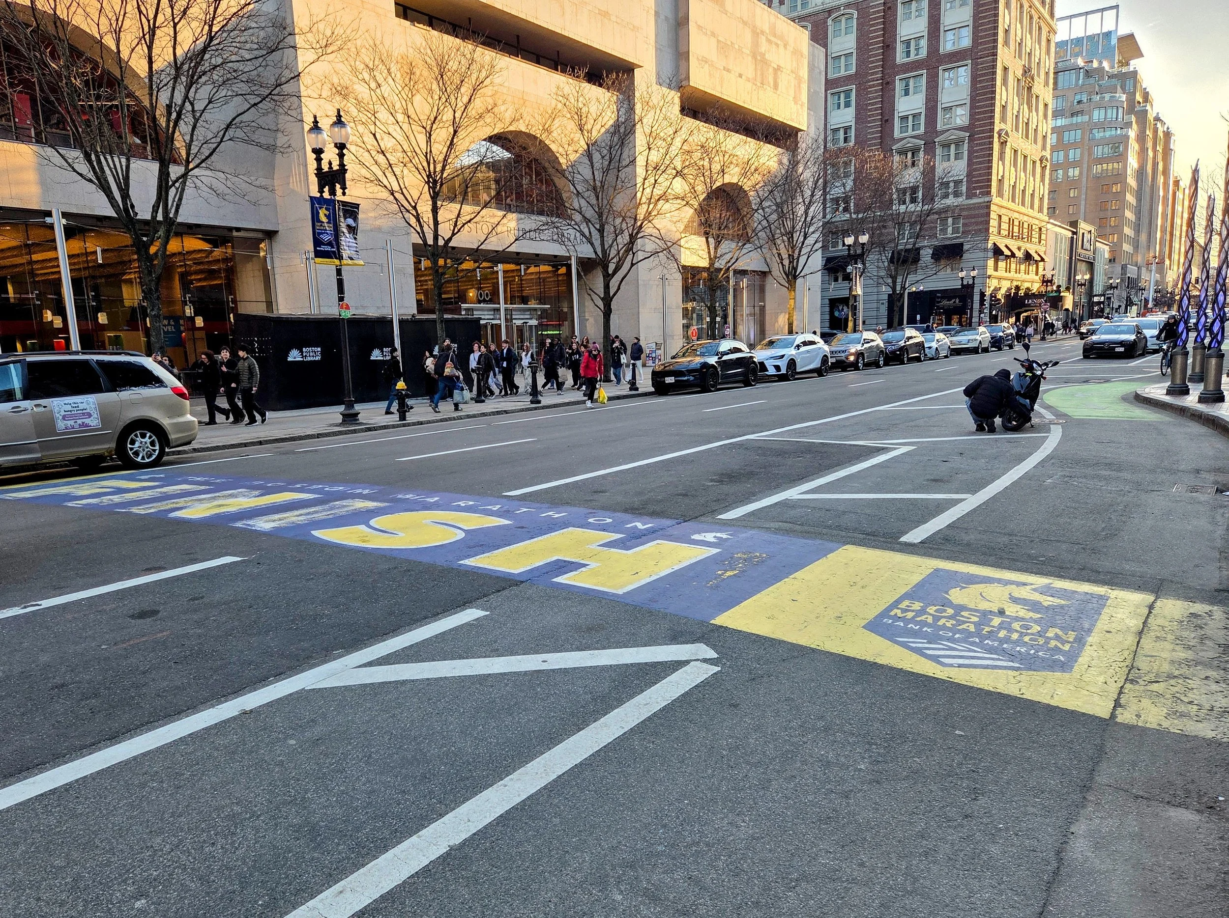Boston Marathon Line with 2013 Bombing Memorial on the right side