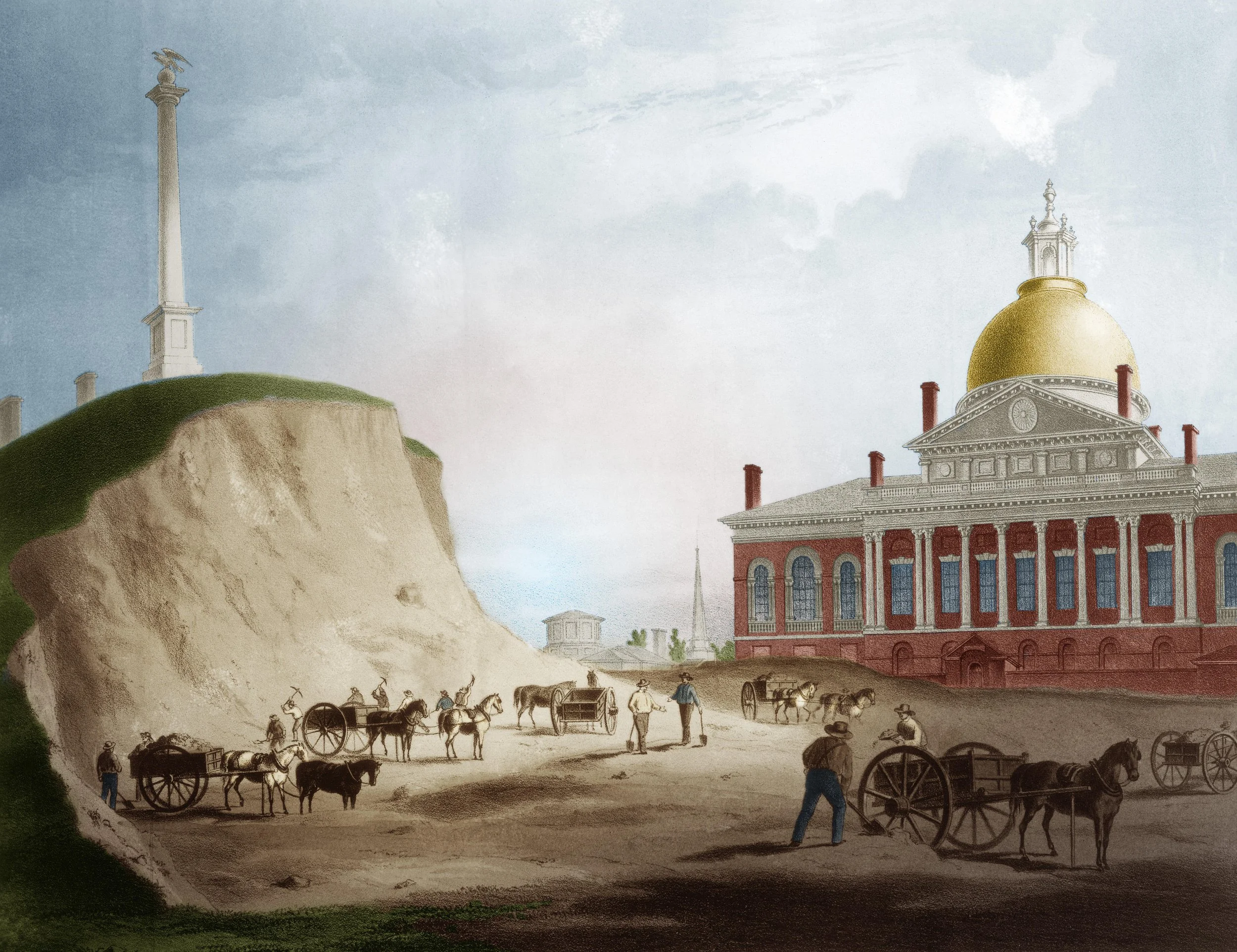 watercolor painting depicting Beacon Hill being leveled (chipped down by hand) with large, horse-drawn carriages carrying gravel, located to the left of the Massachusetts State House with its golden dome.