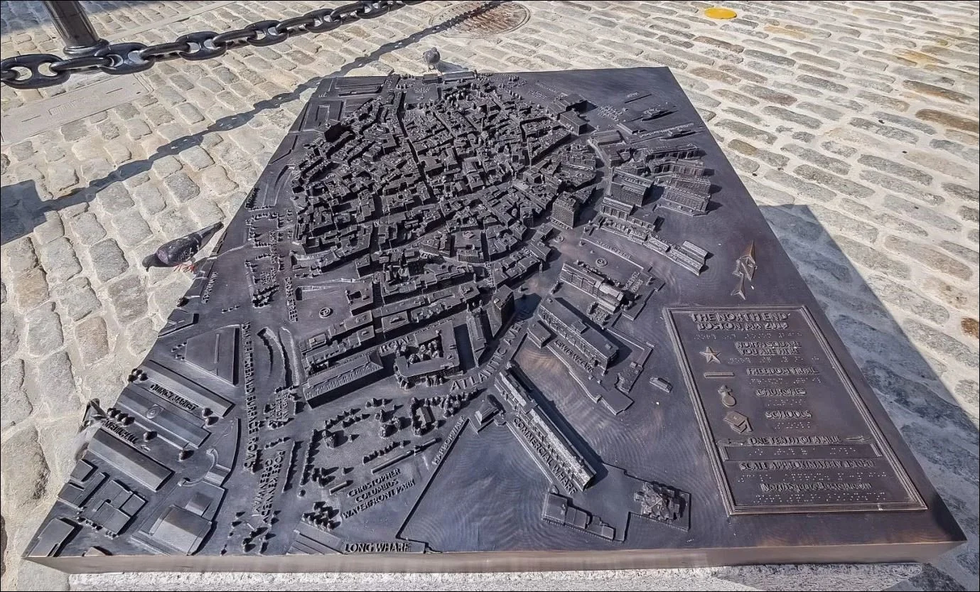 modern depiction of streets and buildings in North end.