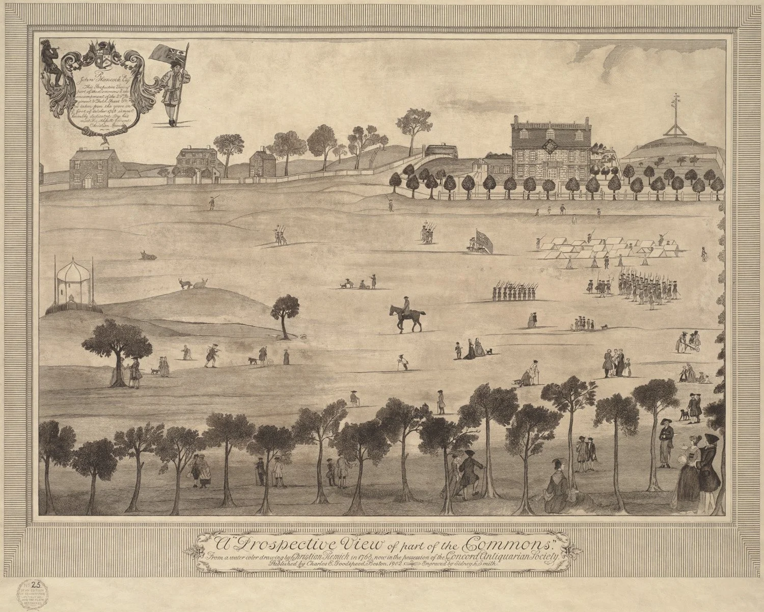 Black and white drawing of the Boston Common. Beacon Hill is being developed, featuring the Hancock Manor. People are using the Boston common in the foreground.