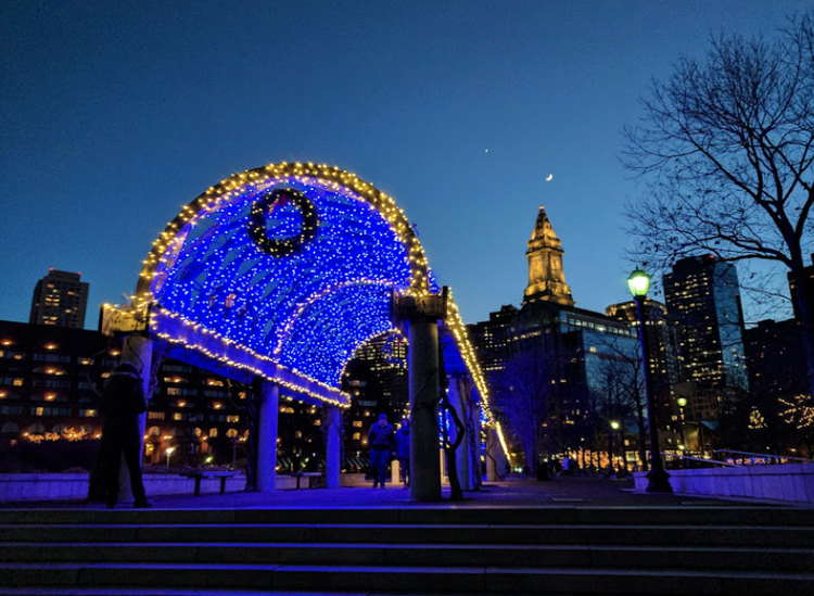 Wooden trellis walkway at Columbus Park along Boston's waterfront