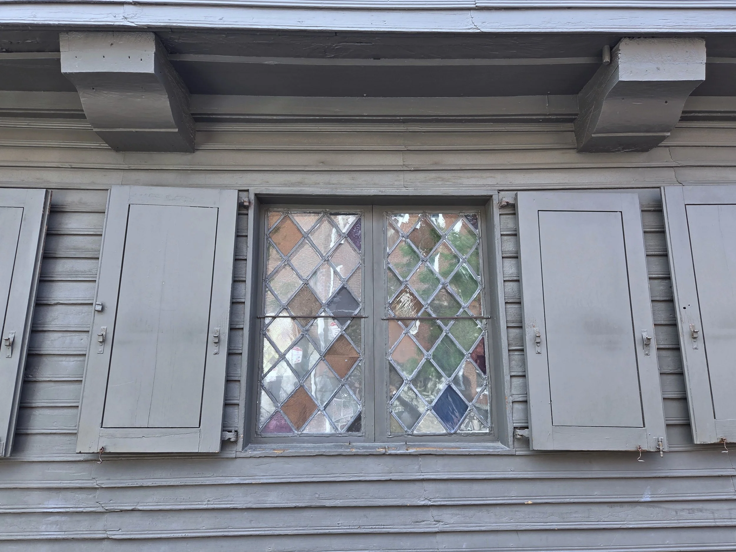 multicolored diamond=shaped windows of the Paul Revere House