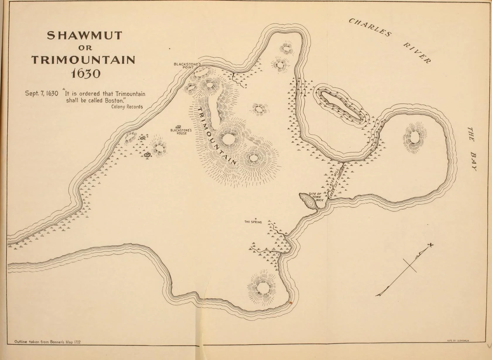 Outline of the Shawmut peninsula showing the original land and the Tri-Mountain hills.