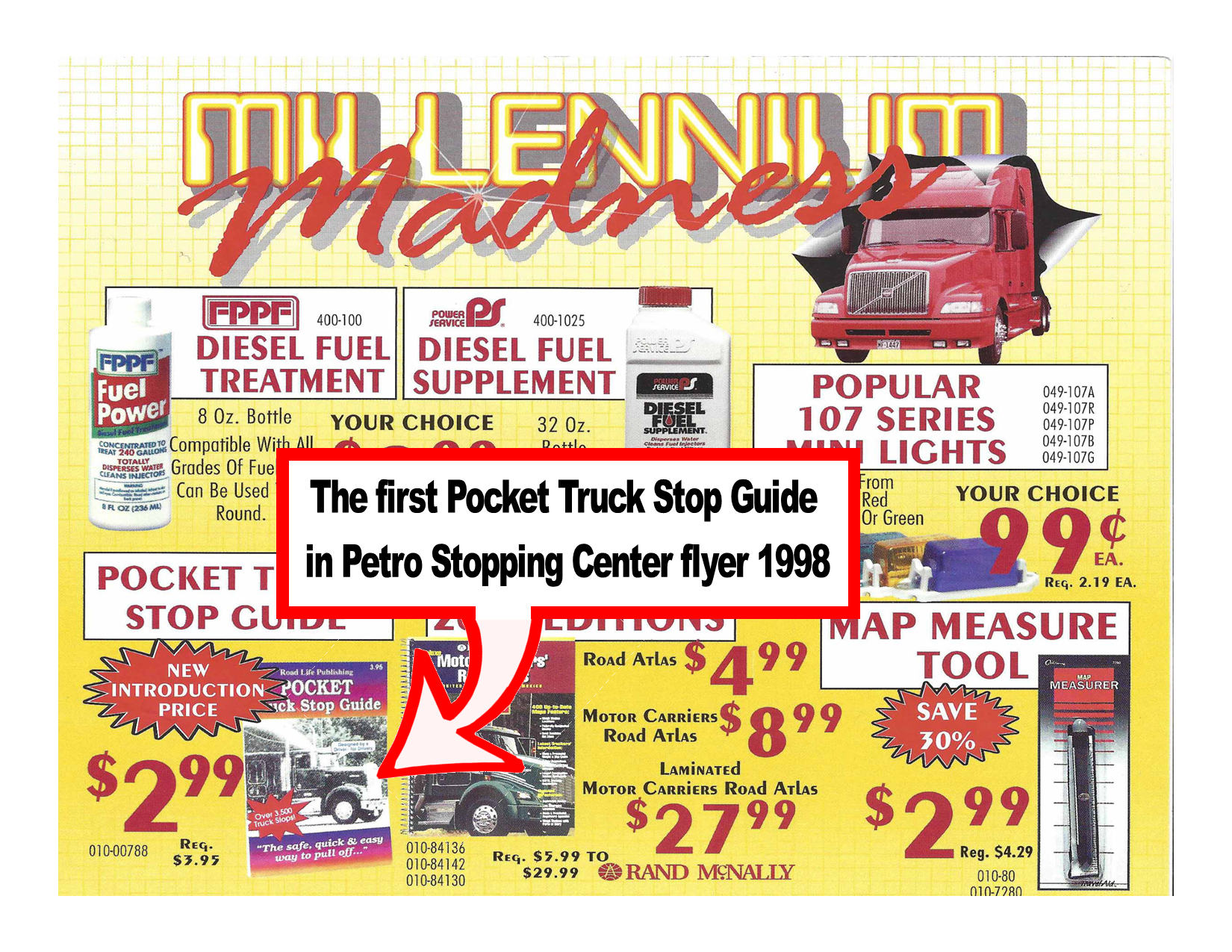 Petro Stopping Center 1998 flyer with diesel fuel treatments, truck stop guides, and map tools.