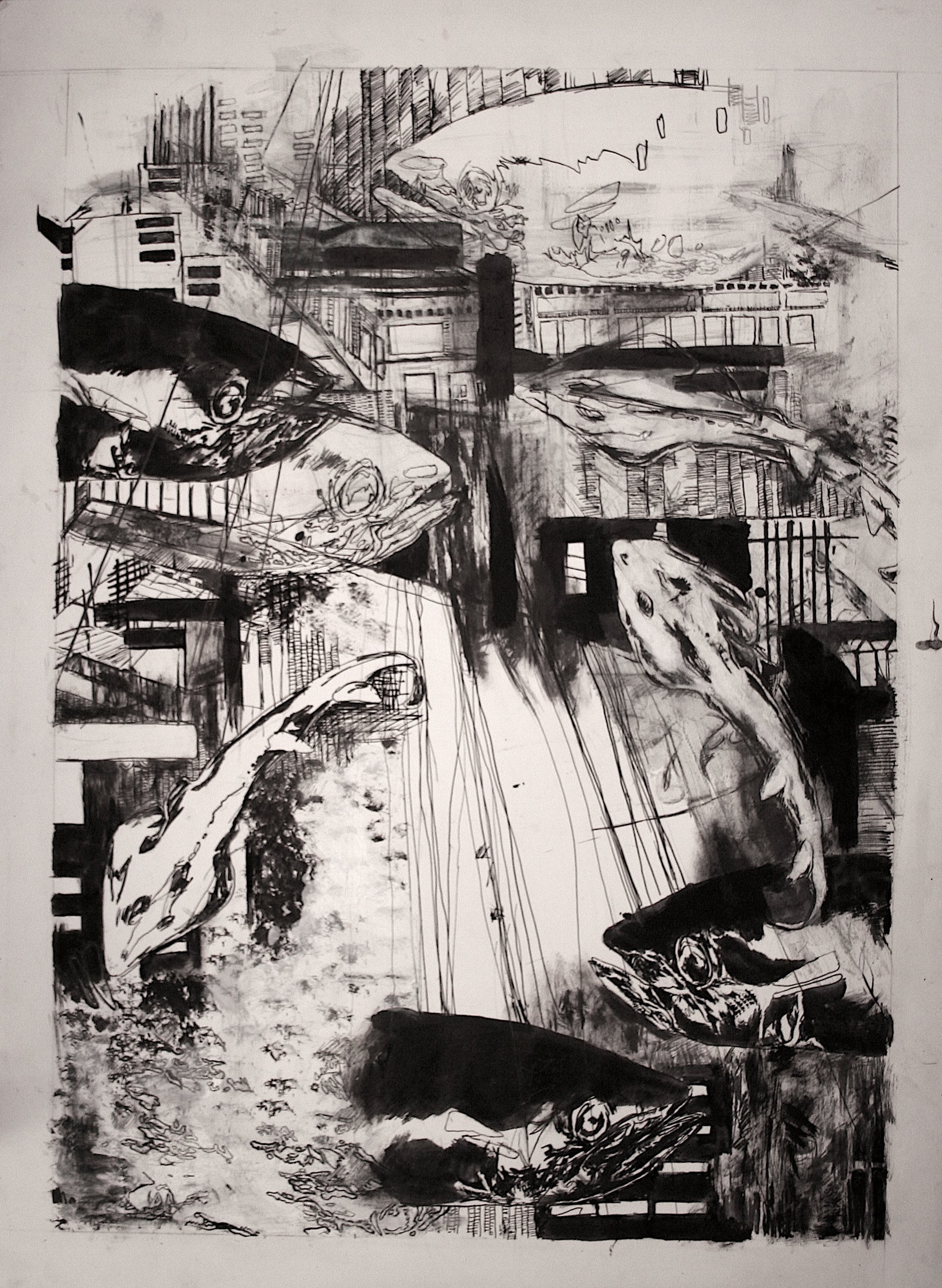 Fish City. Ink, Gesso, Acrylic. 2013. 