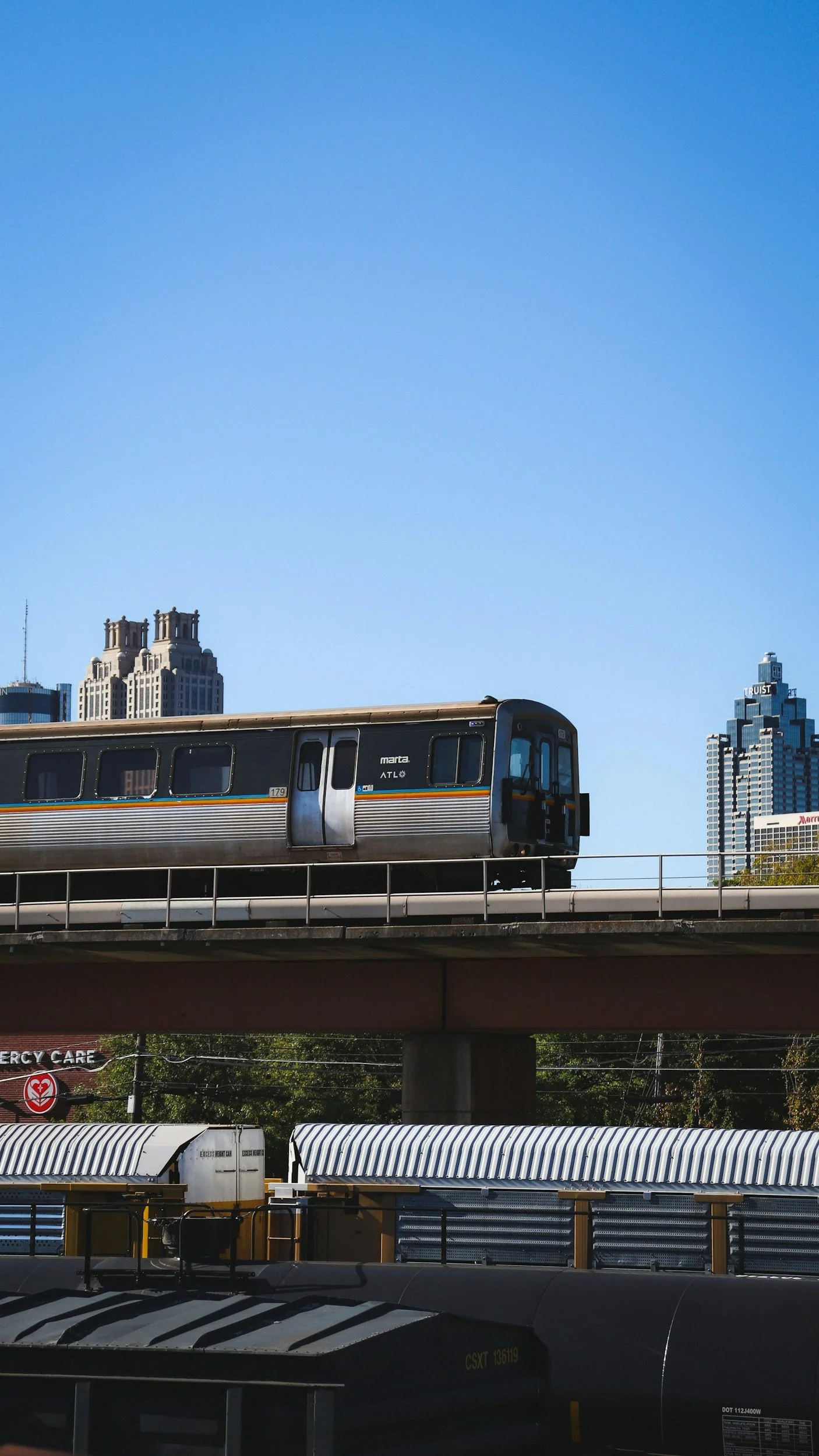 MARTA train passing the Atlanta skyline