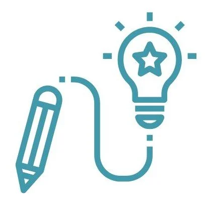 Illustration of a pencil connected by a cable to a light bulb with a star inside, symbolizing ideas and creativity.