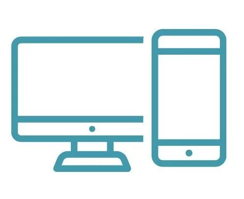Icon of a computer monitor and a smartphone in teal outline style.
