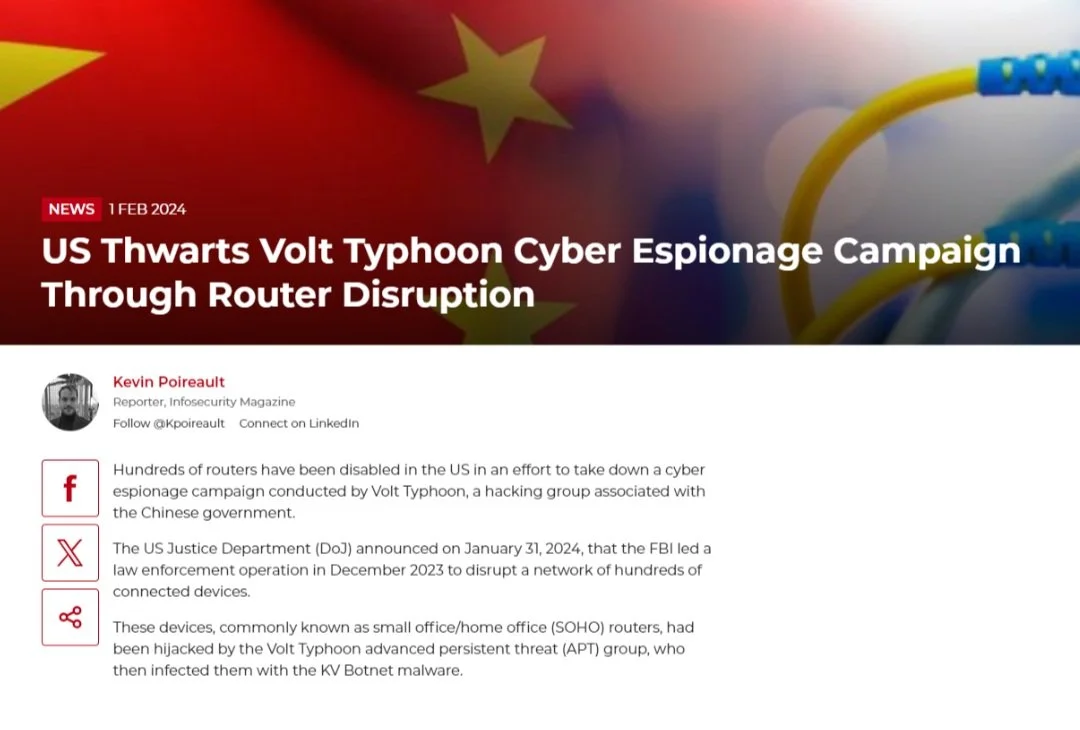 US Thwarts Volt Typhoon Cyber Espionage Campaign Through Router Disruption