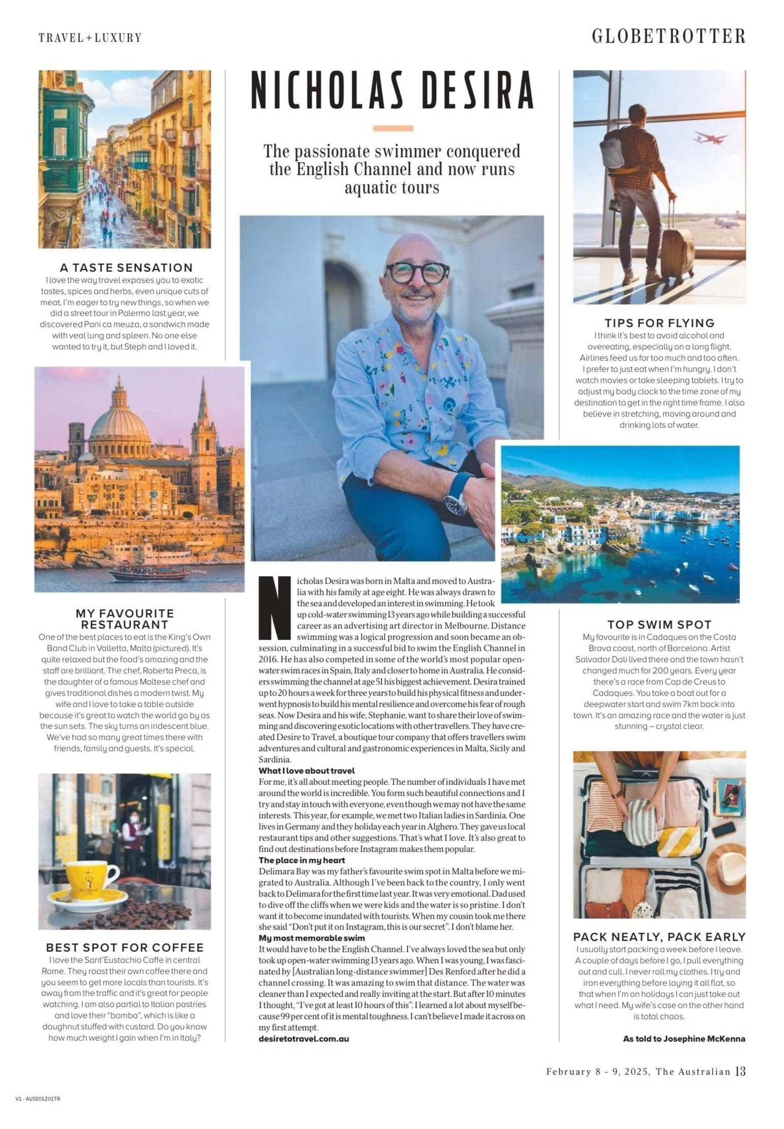 Magazine page featuring Nicholas Desira with photos of Malta, Melbourne, and a coastal town in Cadakes; sections on travel tips, favorite restaurants, coffee spots, and packing tips.