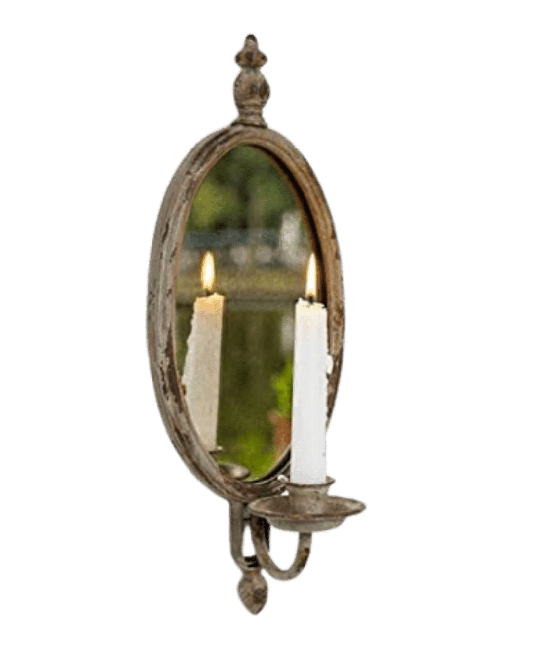  Antique Metal Candle Holder Wall Mounted with Oval Faded-Looking Mirror