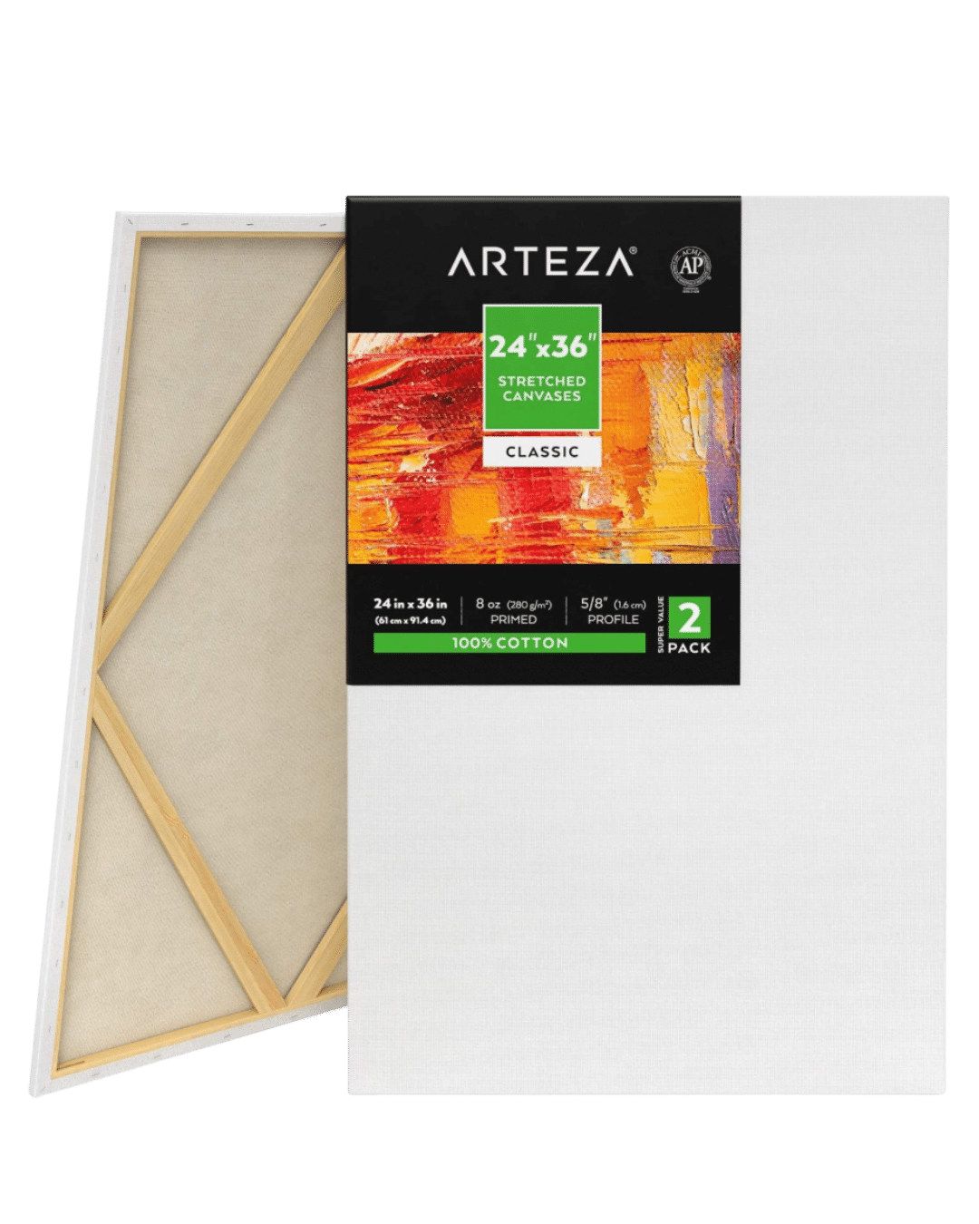 Arteza Stretched Canvas, Classic, White, 24"x36", Large Blank Canvas Boards for Painting-2 Pack