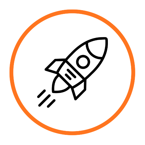 Simple black line drawing of a rocket ship inside an orange circle. Hot Lizard Designs Squarespace website Launch package