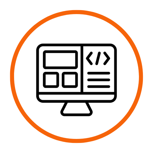 Icon of a computer monitor displaying coding symbols and a website layout, surrounded by an orange circle.