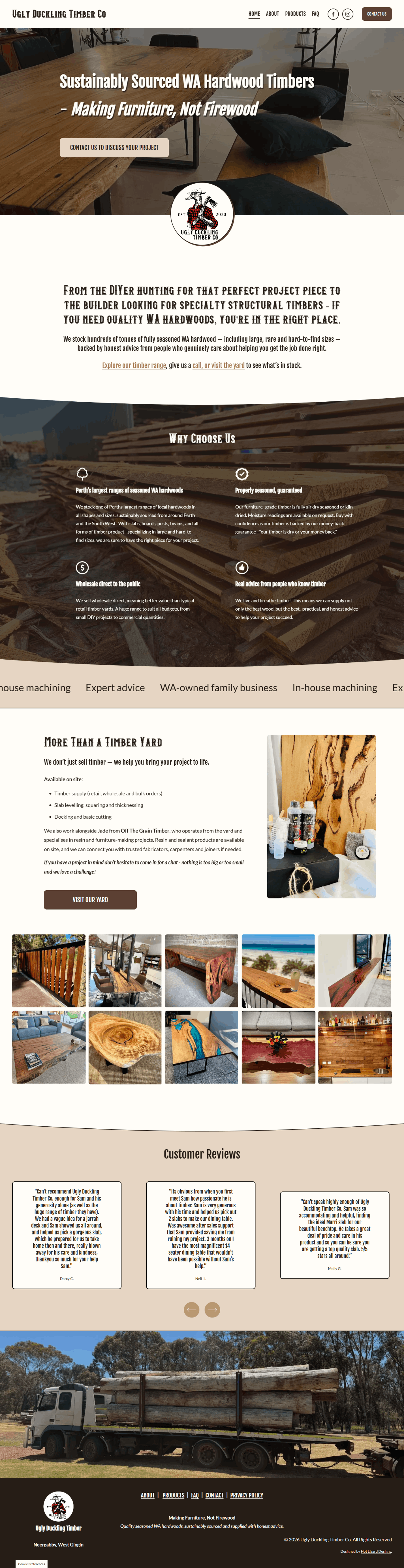 A website homepage for Ugly Duckling Timber Co. features a large wooden table in a modern, rustic interior. The site promotes sustainably sourced Western Australian hardwood timbers for furniture-making, emphasizing quality and expertise. Sections include company information, reasons to choose their products, and a gallery of woodworking projects. Customer reviews and contact options are also visible.