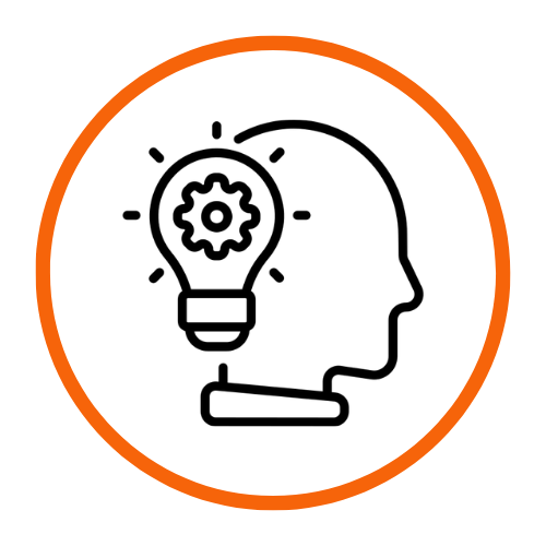 black outline icon of head and lightbulb surrounded by orange circle