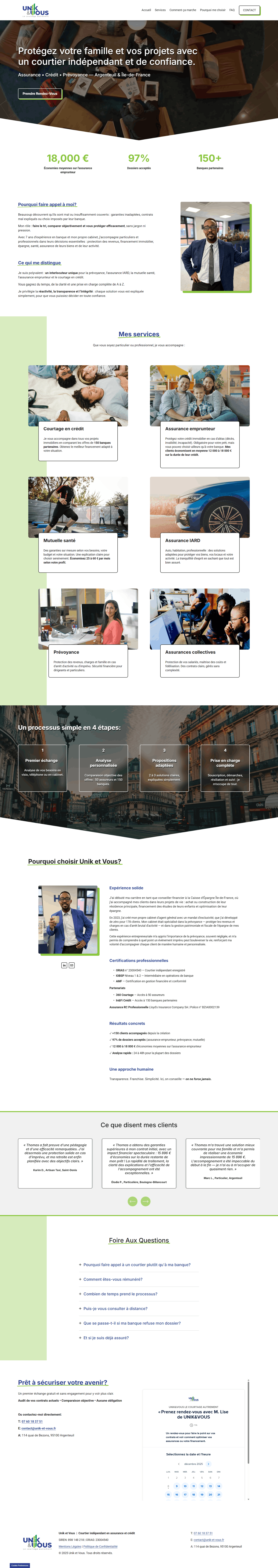 Website homepage for Unik et Vous, a French insurance broker, featuring a hero image of a group of people sitting around a table, discussing, with text promoting family and project protection, and navigation menu at the top.