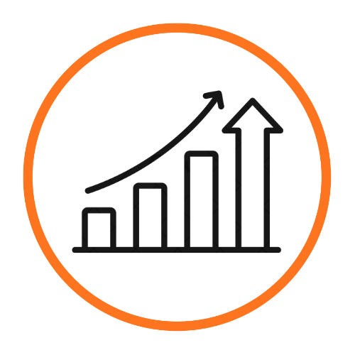 Graph showing increasing growth with an upward trend, enclosed in an orange circle. Hot Lizard Designs Squarespace website Growth package