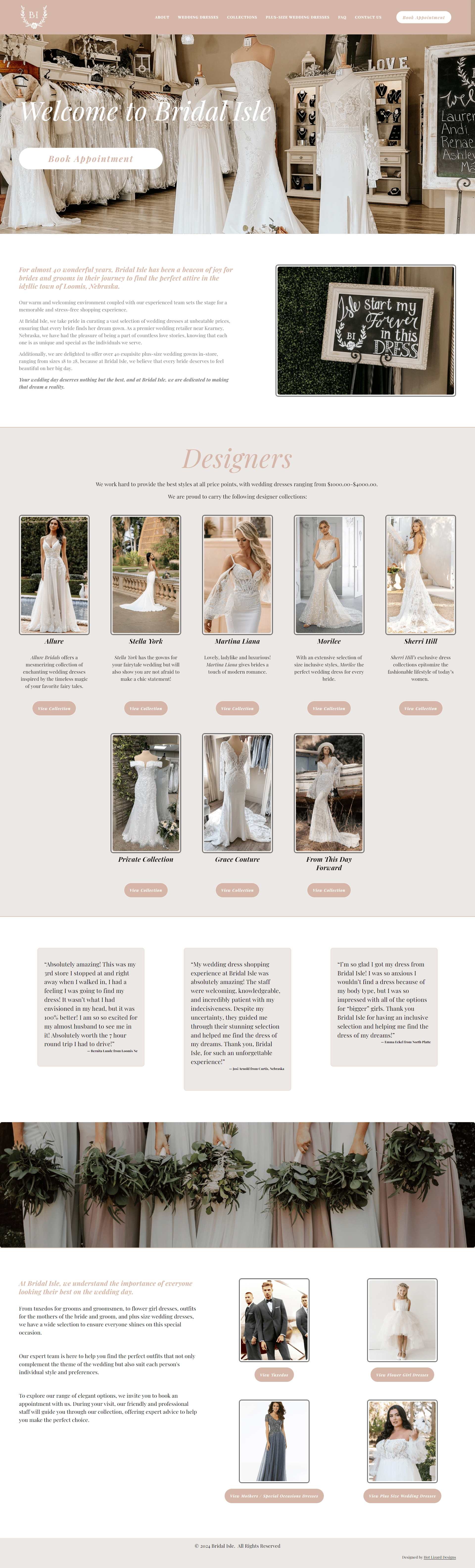 Screenshot of the Bridal Isle bridal boutique website displaying wedding gowns and accessories in Nebraska, Squarespace website redesign by Perth-based designer Hot Lizard Designs.