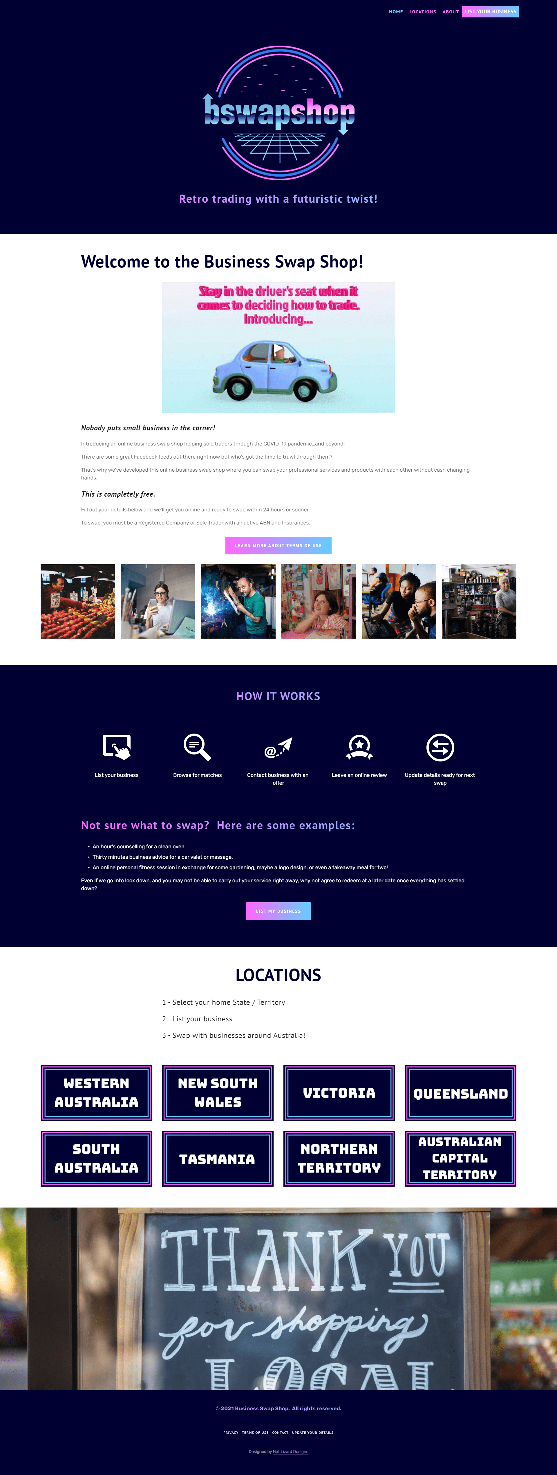 Screenshot of the Business Swap Shop online business directory website for sole traders, designed by Perth Squarespace designer Hot Lizard Designs.