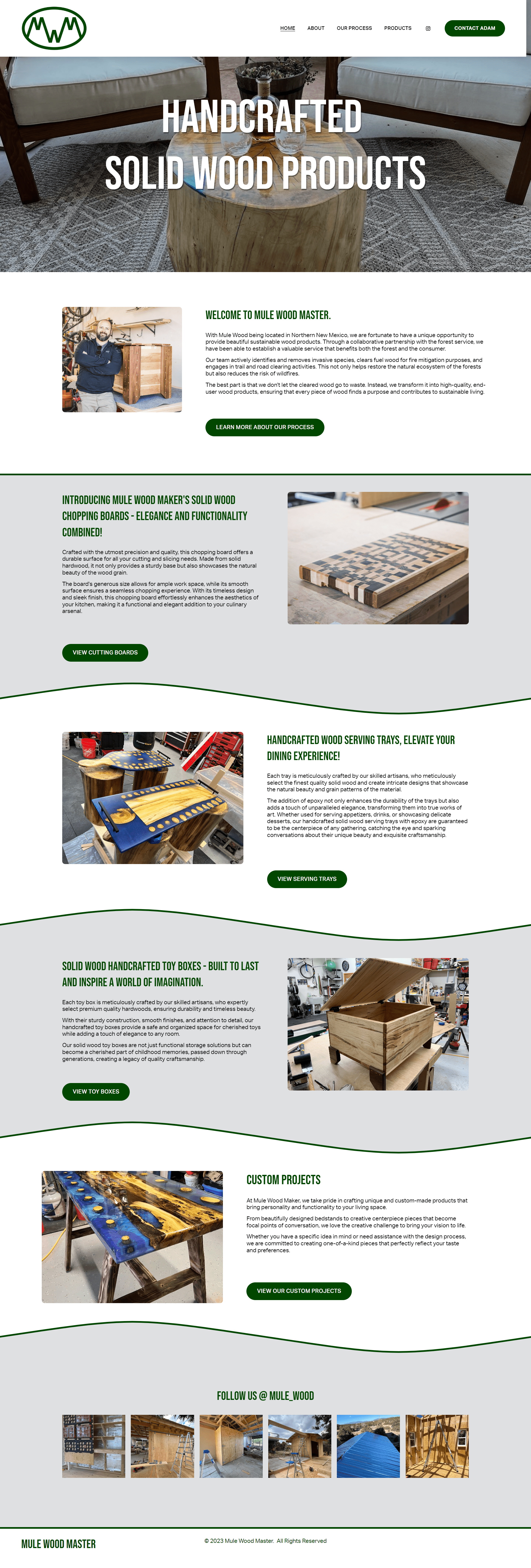 Screenshot of the Mule Wood Maker sustainable handcrafted solid wood products website in New Mexico, Squarespace web design by Hot Lizard Designs, Perth.