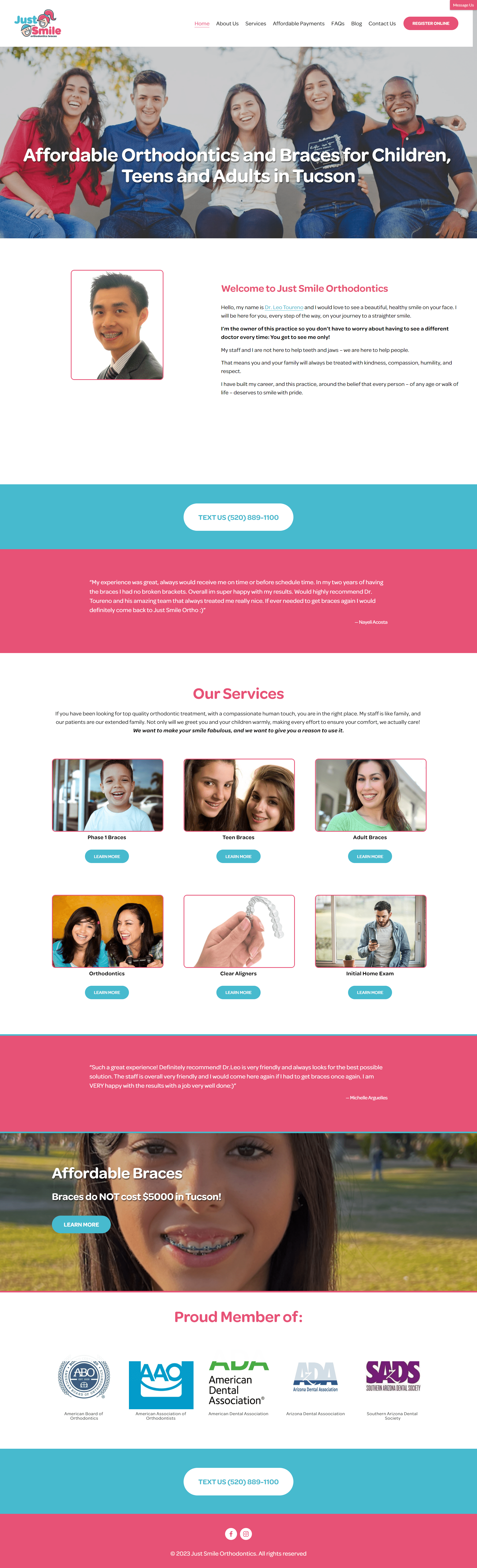Screenshot of the Just Smile Orthodontics affordable braces and orthodontics website in Tucson Arizona, website migration by Perth-based designer Hot Lizard Designs