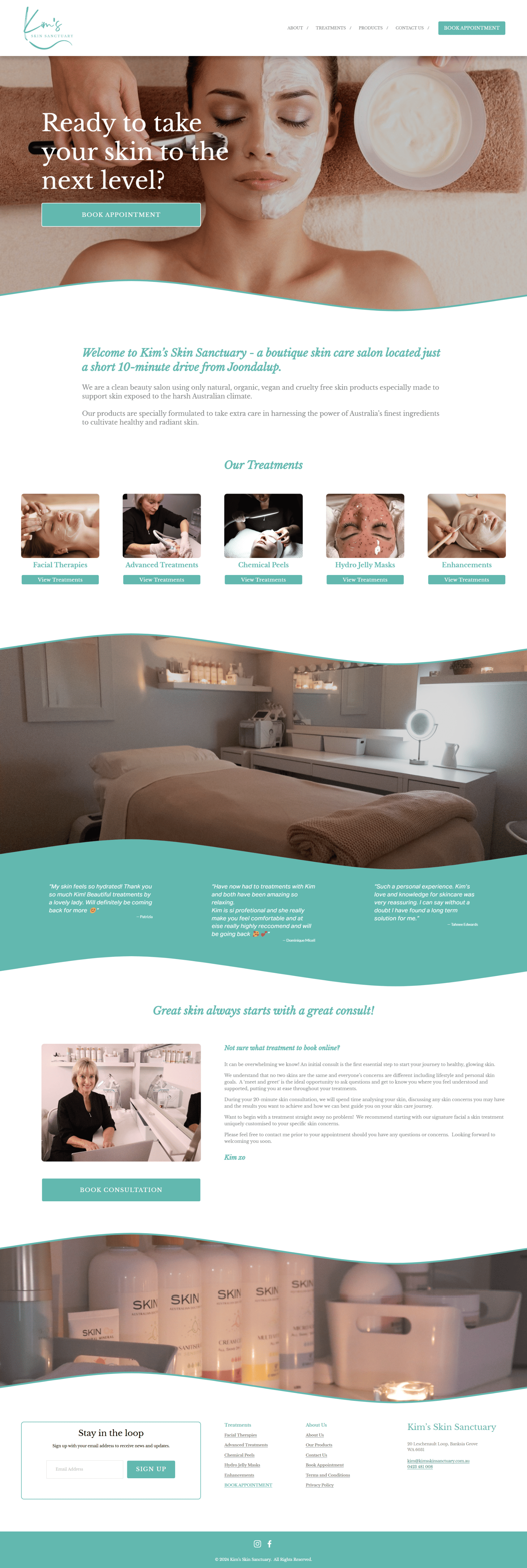 Screenshot of the Kim's Skin Sanctuary boutique skin care salon website with online booking, Squarespace website design by Perth designer Hot Lizard Designs.
