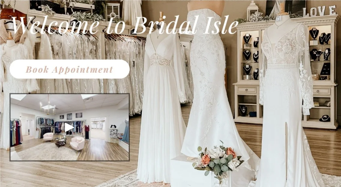 screenshot of homepage with large welcome text, background image of shop displaying wedding dresses, embedded video of store walkthrough