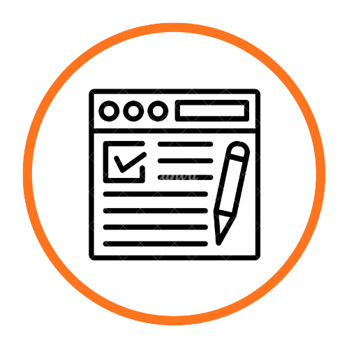 Icon of a task or document with a pen, checklist, and text elements inside a square border, enclosed in an orange circle.