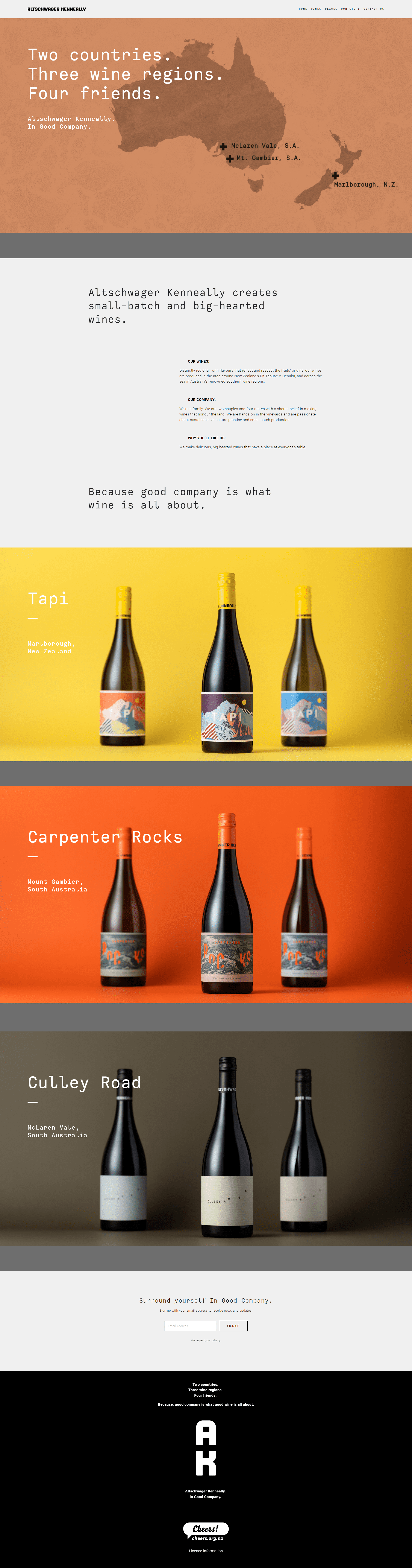 Screenshot of the Altschwager Kenneally regional winery website with vineyards in New Zealand and South Australia, Squarespace website design by Perth designer Hot Lizard Designs.