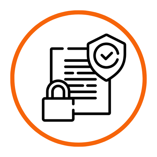 Document with shield and checkmark, secured with padlock, inside an orange circle.