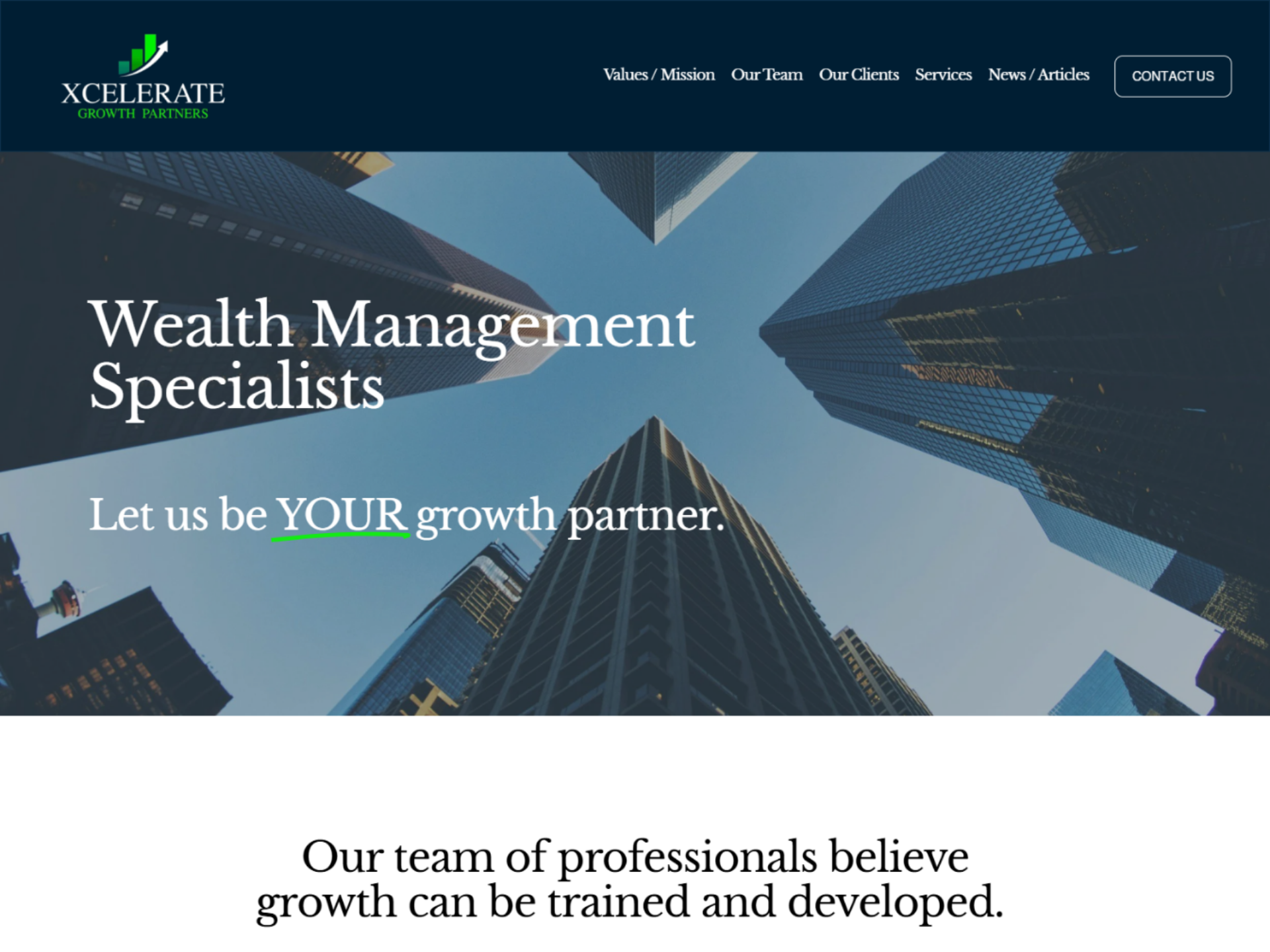 Screenshot of a business website homepage with skyscrapers from below, displaying the company name Xcelerate Growth Partners, navigation menu, and the phrase "Wealth Management Specialists".