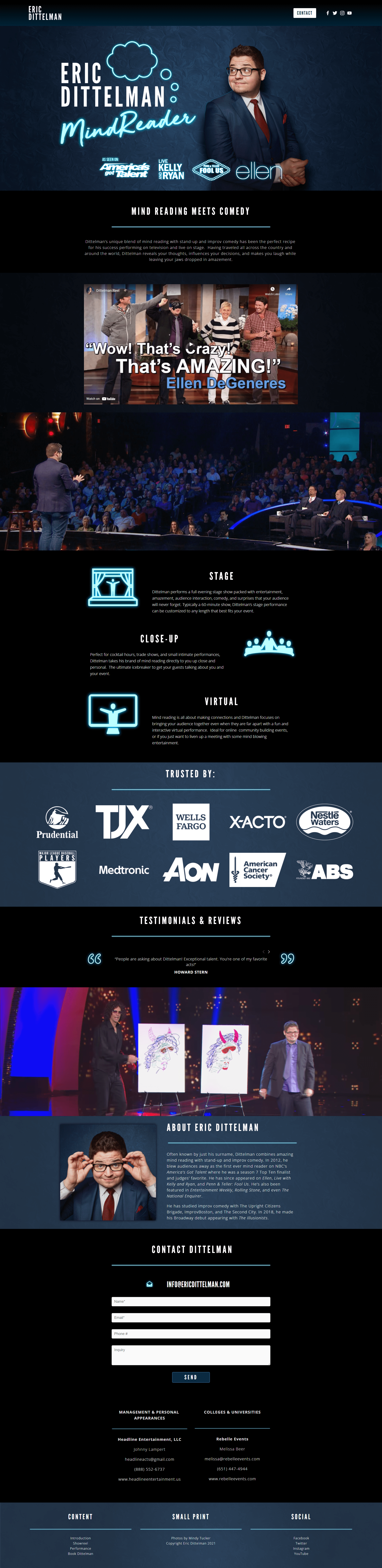 Screenshot of the Eric Dittelman US mindreader and stand-up comedian website, Squarespace redesign by Perth Squarespace specialist Hot Lizard Designs.