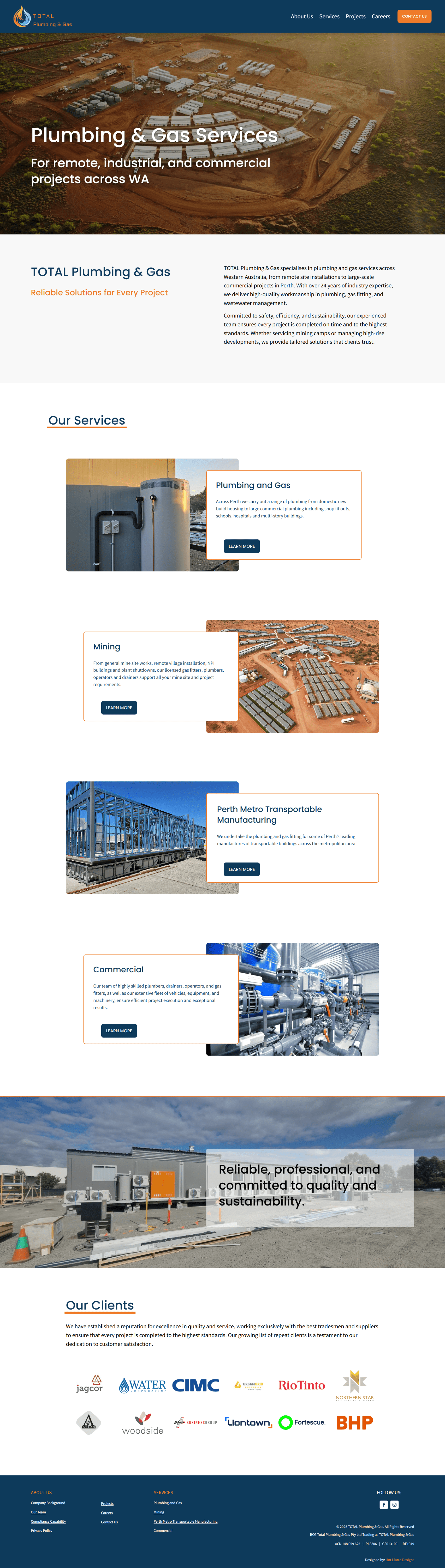 Screenshot of the TOTAL Plumbing and Gas remote and industrial plumbing services website in Western Australia, custom Squarespace website built by Perth designer Hot Lizard Designs.