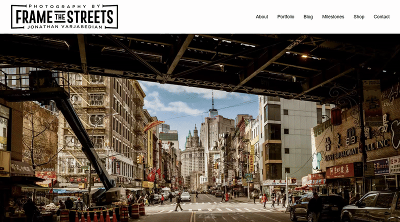 Screenshot of the Frame The Streets award-winning US street photography portfolio website, Squarespace website redesign by Perth-based designer Hot Lizard Designs.
