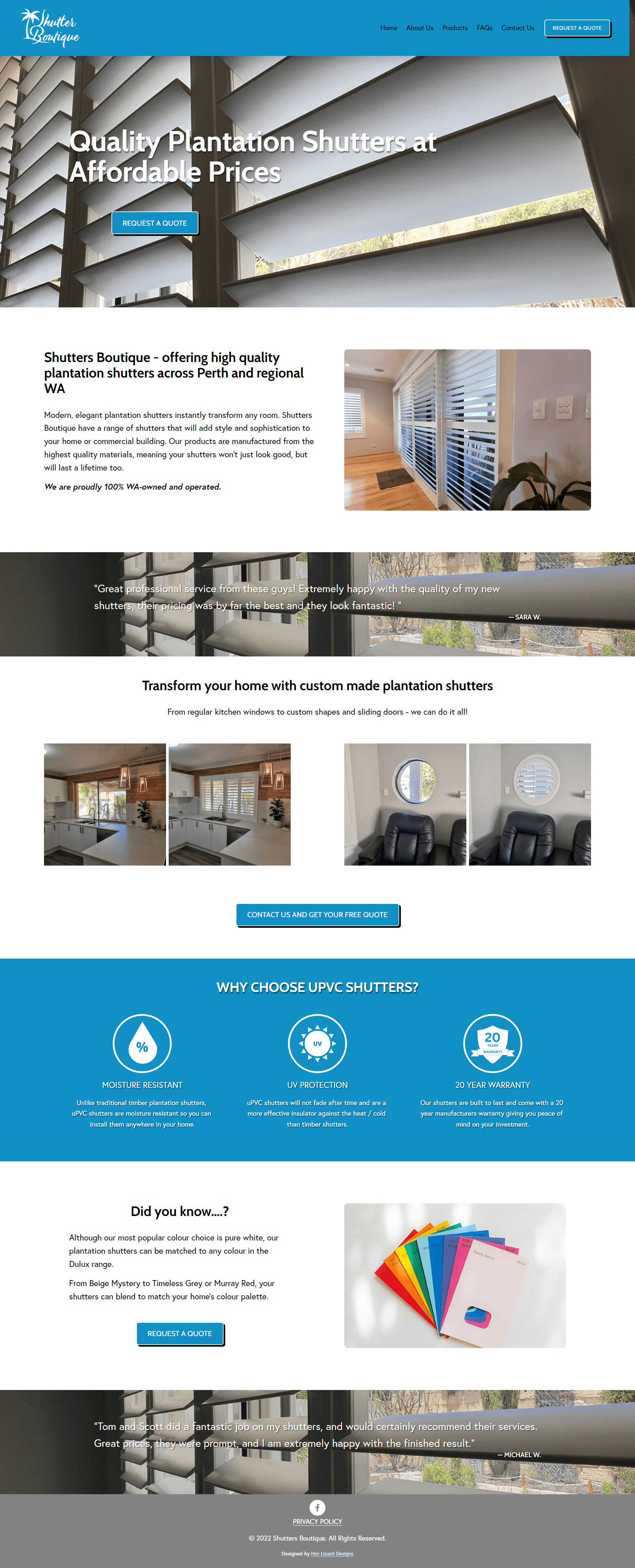 Screenshot of the Shutters Boutique UPVC plantation shutter specialist website serving Western Australia, Squarespace website redesign by Perth-based designer Hot Lizard Designs.